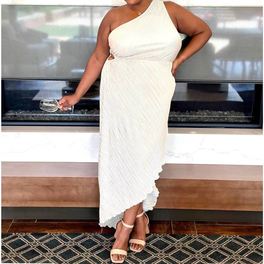 NEW THE CURVE LA lizzo one shoulder pleated dress in soft taupe